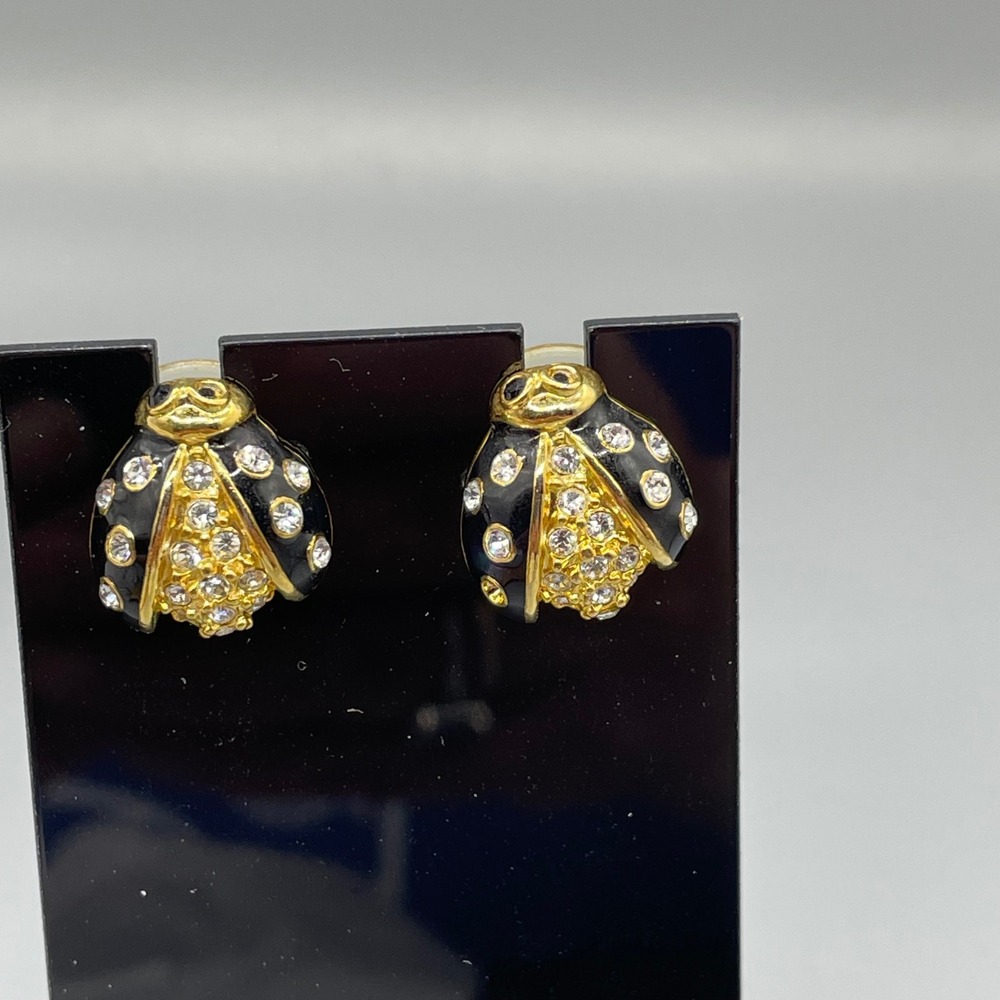 Black Enamel Ladybug Stud Earrings Gold Tone Rhinestone Insect Jewelry
